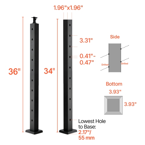 VEVOR Cable Railing Post, 36x2x2 Inch Stair Railing Post, with Pre-Drilled 30° Angled Holes, Stainless Steel Cable Rail Post, 1-Pack, Black,