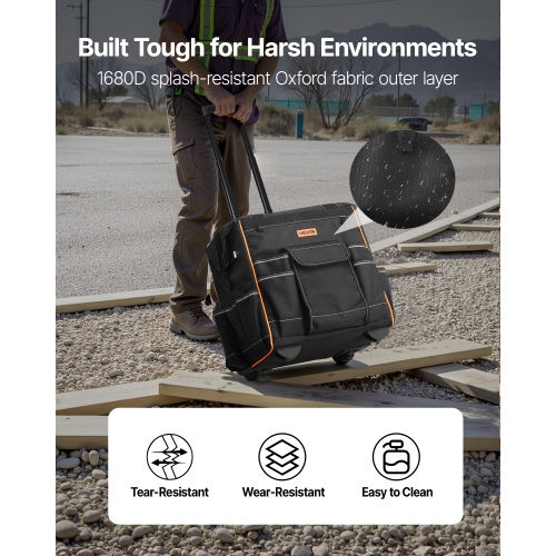 Sac à outils à roulettes avec capacité de charge VEVOR 110 lb, 25 pochettes Sac à outils à roulettes robuste, poignée télescopique réglable et