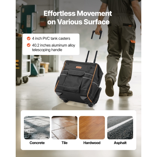 Sac à outils à roulettes avec capacité de charge VEVOR 110 lb, 25 pochettes Sac à outils à roulettes robuste, poignée télescopique réglable et