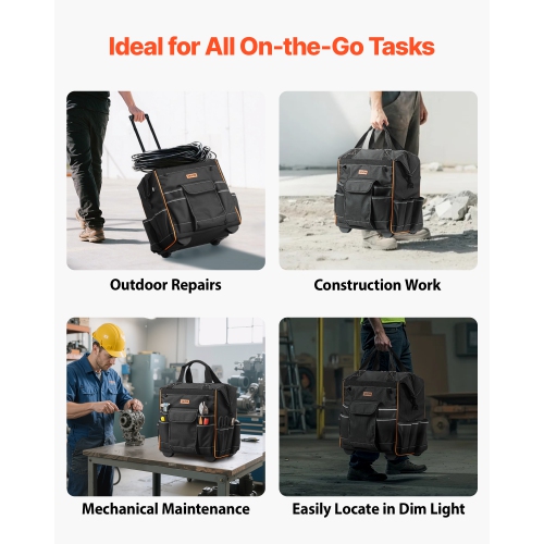 Sac à outils à roulettes avec capacité de charge VEVOR 110 lb, 25 pochettes Sac à outils à roulettes robuste, poignée télescopique réglable et