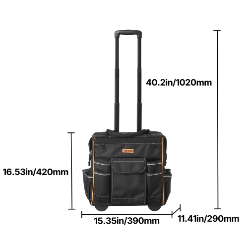 Sac à outils à roulettes avec capacité de charge VEVOR 110 lb, 25 pochettes Sac à outils à roulettes robuste, poignée télescopique réglable et