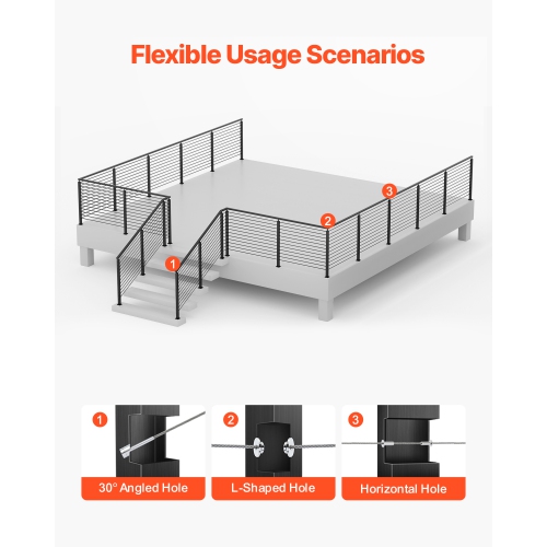 VEVOR 4-Pack Cable Railing Post,42x2x2 In Horizontal-Hole Deck Railing Post with Pre-Drilled Holes,Cable Rail Post with Horizontal and Curved