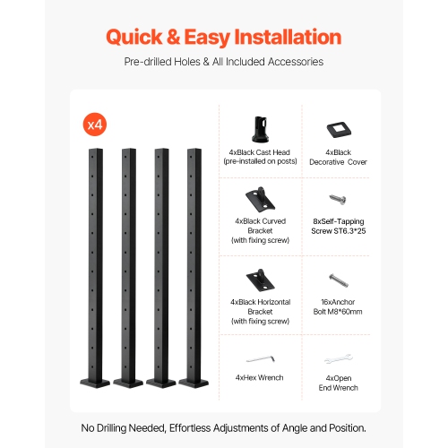 VEVOR 4-Pack Cable Railing Post,42x2x2 In Horizontal-Hole Deck Railing Post with Pre-Drilled Holes,Cable Rail Post with Horizontal and Curved