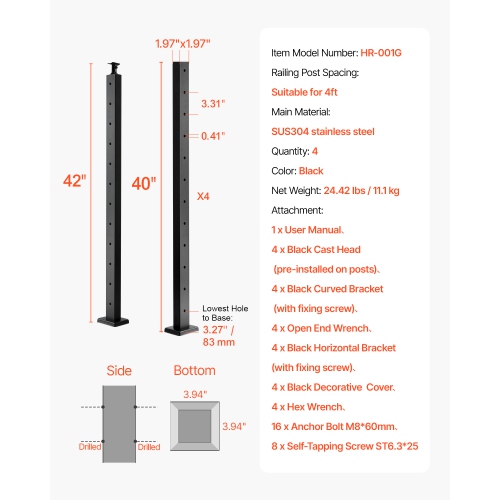 VEVOR 4-Pack Cable Railing Post,42x2x2 In Horizontal-Hole Deck Railing Post with Pre-Drilled Holes,Cable Rail Post with Horizontal and Curved