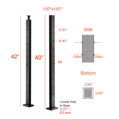 VEVOR 4-Pack Cable Railing Post,42x2x2 In Horizontal-Hole Deck Railing Post with Pre-Drilled Holes,Cable Rail Post with Horizontal and Curved