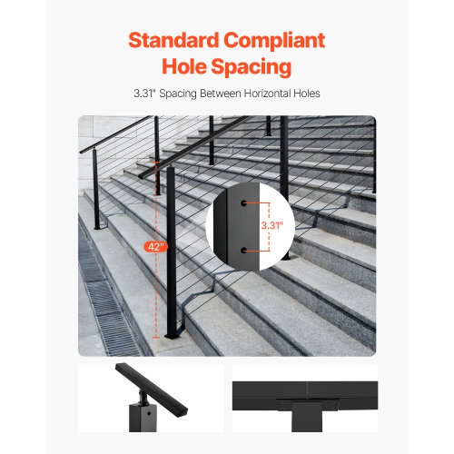 VEVOR – Borne de rail de câble 42x2x2 pouces, poteau de rail d'escalier, avec trous pré-percés à angle de 30°, poteau de rail de câble en acier
