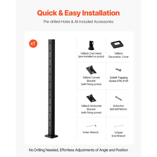 VEVOR – Borne de rail de câble 42x2x2 pouces, poteau de rail d'escalier, avec trous pré-percés à angle de 30°, poteau de rail de câble en acier
