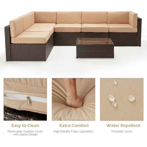 AECOJOY 7 Piece Outdoor Sectional Furniture Set with Cushions and Coffee Table, Patio PE Rattan Wicker Sofa, Beige