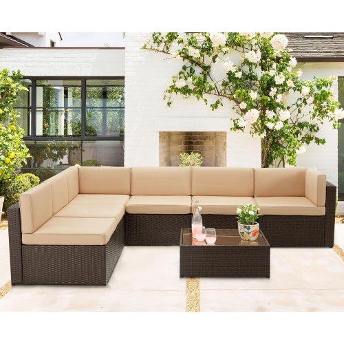 AECOJOY 7 Piece Outdoor Sectional Furniture Set with Cushions and Coffee Table, Patio PE Rattan Wicker Sofa, Beige