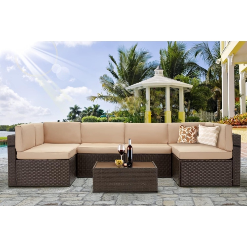 AECOJOY 7 Piece Outdoor Sectional Furniture Set with Cushions and Coffee Table, Patio PE Rattan Wicker Sofa, Beige