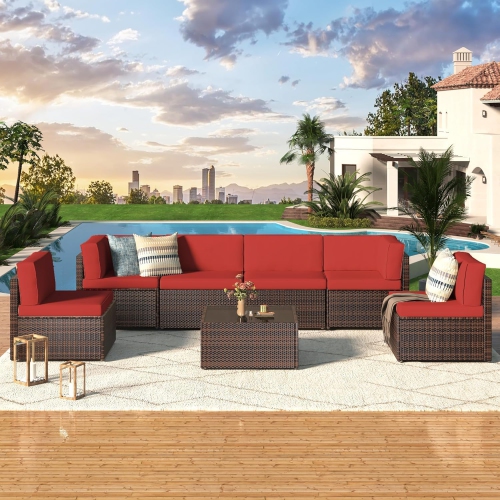 AECOJOY 7 Piece Outdoor Sectional Furniture Chair Set with Cushions and Coffee Table,Patio PE Rattan Wicker Sofa, Red
