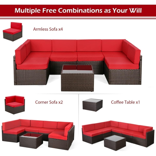 AECOJOY 7 Piece Outdoor Sectional Furniture Chair Set with Cushions and Coffee Table,Patio PE Rattan Wicker Sofa, Red