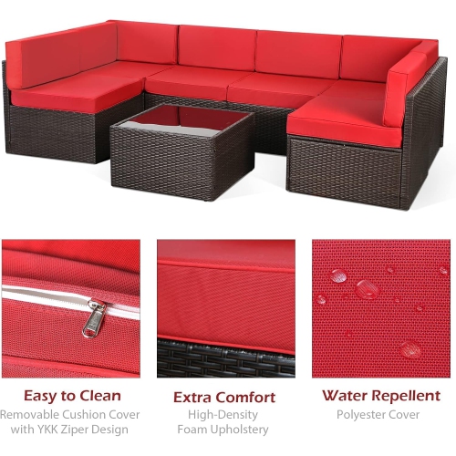 AECOJOY 7 Piece Outdoor Sectional Furniture Chair Set with Cushions and Coffee Table,Patio PE Rattan Wicker Sofa, Red