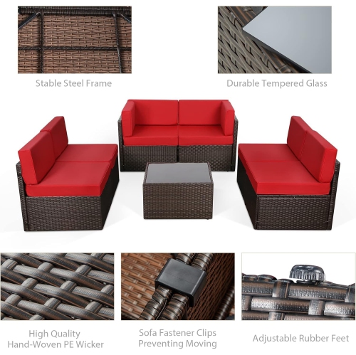 AECOJOY 7 Piece Outdoor Sectional Furniture Chair Set with Cushions and Coffee Table,Patio PE Rattan Wicker Sofa, Red