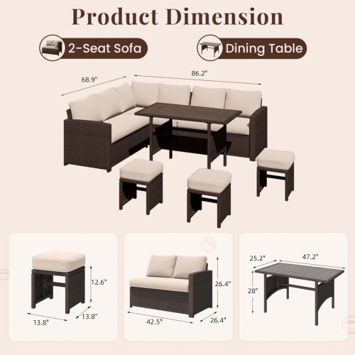 AECOJOY – Ensemble de 7 meubles de jardin pour l'extérieur, table à manger en rotin et chaise avec pouf, beige