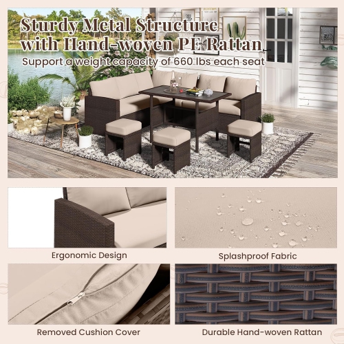 AECOJOY – Ensemble de 7 meubles de jardin pour l'extérieur, table à manger en rotin et chaise avec pouf, beige