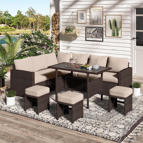 AECOJOY – Ensemble de 7 meubles de jardin pour l'extérieur, table à manger en rotin et chaise avec pouf, beige