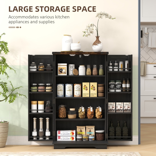 HOMCOM 41" Kitchen Pantry Cabinet, Freestanding Farmhouse Storage Cabinet with Doors, 2 Adjustable Shelves and 8 Door Shelves, Black