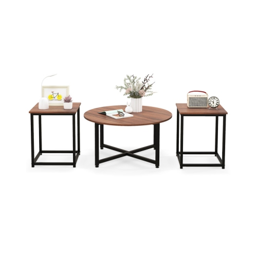 3-Piece Living Room Table Set with Round Coffee Table and Square Side Tables