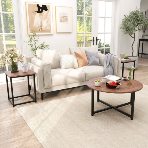 3-Piece Living Room Table Set with Round Coffee Table and Square Side Tables