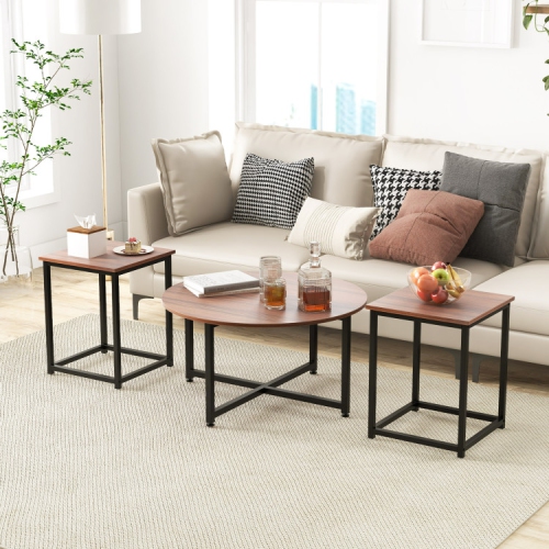3-Piece Living Room Table Set with Round Coffee Table and Square Side Tables