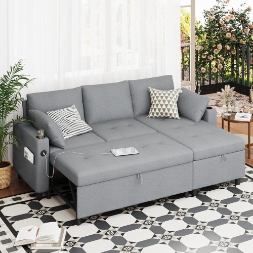 AECOJOY 83.5'' Convertible Sofa Bed, Sleeper Sofa Couch with Pullout Bed for Living Room, Grey