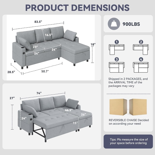 AECOJOY 83.5'' Convertible Sofa Bed, Sleeper Sofa Couch with Pullout Bed for Living Room, Grey