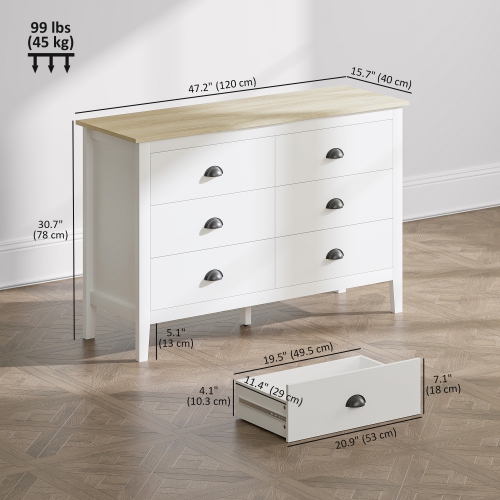 Commode de HOMCOM pour chambre à coucher avec 6 tiroirs et glissières silencieuses, large commode à tiroirs, rangement moderne pour vêtements pour