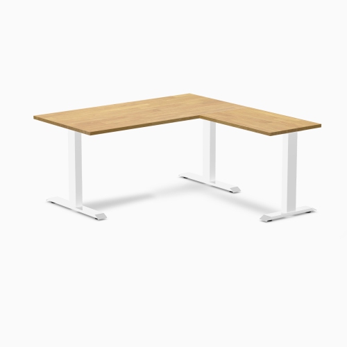 Desky Zero Rubberwood L-Shape Office Desk - Light Oak 60" With White Frame, Fixed Height, Solid Wood Top