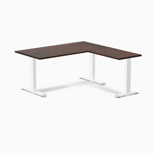 DESKY  Zero Rubberwood L-Shape Office Desk - Dark Walnut 60" With Frame, Fixed Height, Solid Wood Top In White