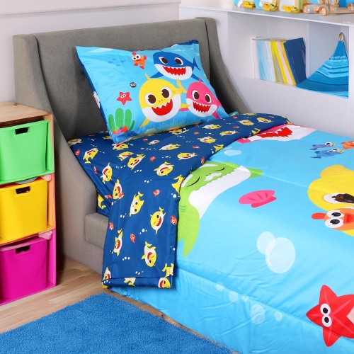 Baby Shark Twin Bedding Set – 4 Piece Kids Set with Comforter, Fitted Sheet, Flat Sheet & Pillowcase