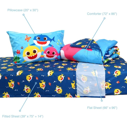 Baby Shark Twin Bedding Set – 4 Piece Kids Set with Comforter, Fitted Sheet, Flat Sheet & Pillowcase