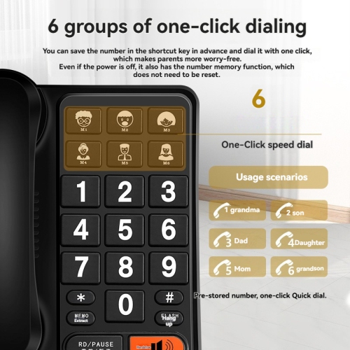 Corded landline telephone for seniors with loud ringtones and redial function, plug-and-play and battery-free - Black