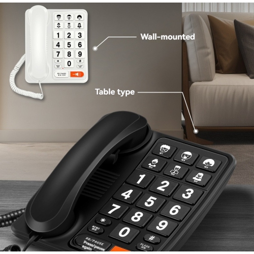 Corded landline telephone for seniors with loud ringtones and redial function, plug-and-play and battery-free - Black