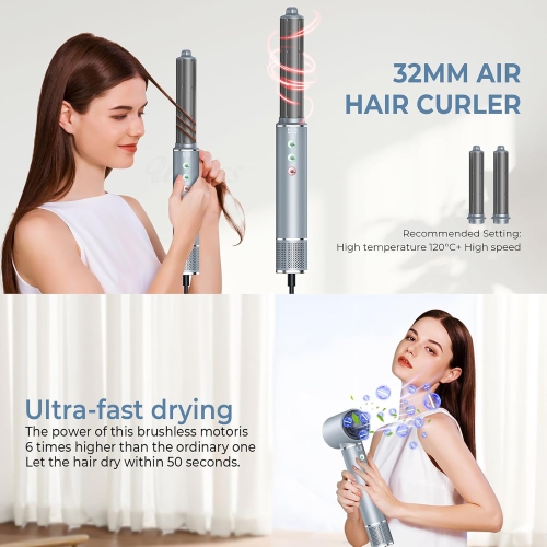 5-in-1 hair styler with high-speed ionic hair dryer, 3 temperature settings, hair dryer brush set, automatic curler, styler for fast drying, curling,