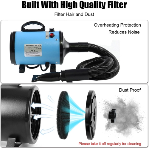 Pet Hair Dryer 2200W Dog Hair Dryer Stepless Speed Adjustable Pet Grooming Hair Dryer with 4 Different Nozzles and Retractable Hose Low Noise