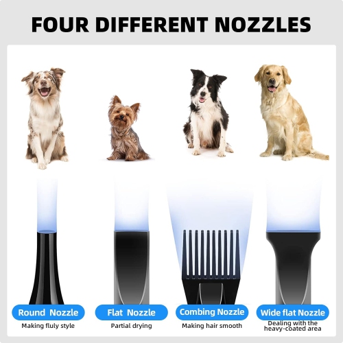 Pet Hair Dryer 2200W Dog Hair Dryer Stepless Speed Adjustable Pet Grooming Hair Dryer with 4 Different Nozzles and Retractable Hose Low Noise