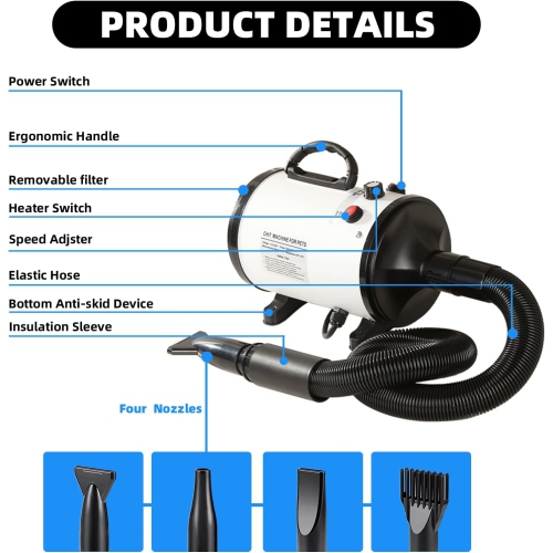 Pet Hair Dryer 2200W Dog Hair Dryer Stepless Speed Adjustable Pet Grooming Hair Dryer with 4 Different Nozzles and Retractable Hose Low Noise