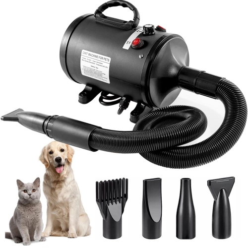 Pet Hair Dryer 2200W Dog Hair Dryer Stepless Speed ​​Adjustable Pet Grooming Hair Dryer with 4 Different Nozzles and Retractable Hose Low Noise