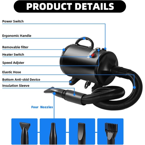 Pet Hair Dryer 2200W Dog Hair Dryer Stepless Speed Adjustable Pet Grooming Hair Dryer with 4 Different Nozzles and Retractable Hose Low Noise
