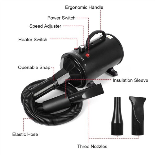 Pet Hair Dryer 2200W Dog Hair Dryer Stepless Speed Adjustable Pet Grooming Hair Dryer with 4 Different Nozzles and Retractable Hose Low Noise