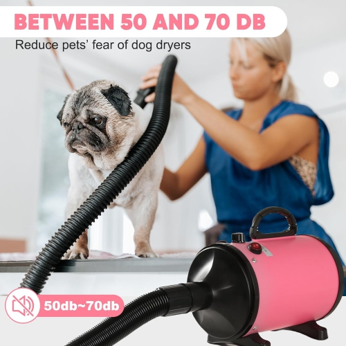 Pet Hair Dryer 2200W Dog Hair Dryer Stepless Speed ​​Adjustable Pet Grooming Hair Dryer with 4 Different Nozzles and Retractable Hose Low Noise