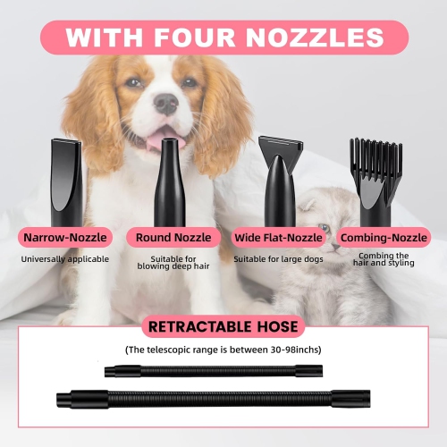 Pet Hair Dryer 2200W Dog Hair Dryer Stepless Speed ​​Adjustable Pet Grooming Hair Dryer with 4 Different Nozzles and Retractable Hose Low Noise