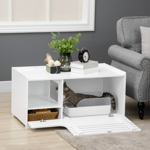 PawHut Cat Litter Box Enclosure with Storage Compartments, Hidden Cat Litter Box Furniture and Side Table with Elevated Bottom, Fits Most Litter