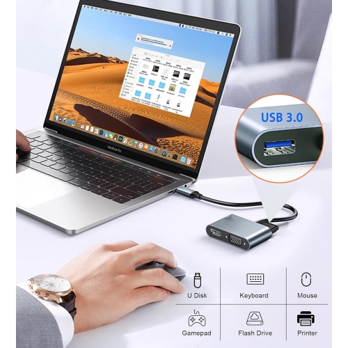 USB C to HDMI VGA Adapter for Dual Monitor, 4 in 1 USB C Hub with 4K HDMI, 1080P VGA, USB 3.0 5Gbps 100W PD, Laptop Docking Station Compatible for