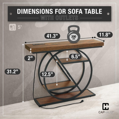 Console de canapé épaisse industrielle à 4 niveaux de 41&nbsp;po de style unique avec espace de rangement et de recharge de CAPHAUS