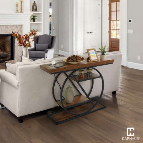 Console de canapé épaisse industrielle à 4 niveaux de 41&nbsp;po de style unique avec espace de rangement et de recharge de CAPHAUS