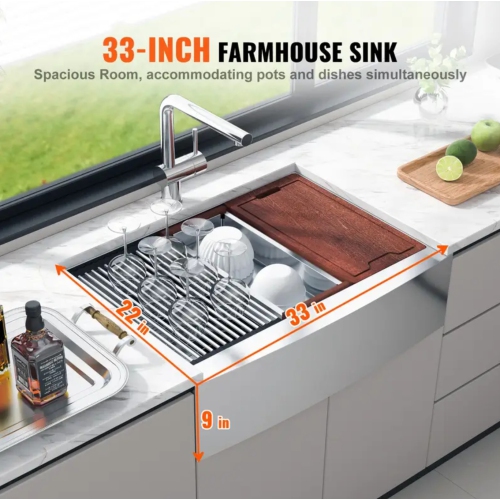 Farmhouse Kitchen Sink, 304 Stainless Steel Drop-In Sinks, Top Mount Single Bowl Basin with Ledge & Accessories, Household Dishwasher Sinks for