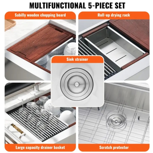 Farmhouse Kitchen Sink, 304 Stainless Steel Drop-In Sinks, Top Mount Single Bowl Basin with Ledge & Accessories, Household Dishwasher Sinks for