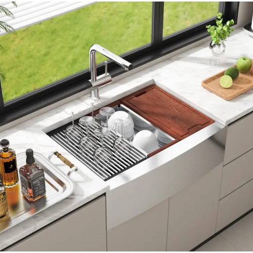 Farmhouse Kitchen Sink, 304 Stainless Steel Drop-In Sinks, Top Mount Single Bowl Basin with Ledge & Accessories, Household Dishwasher Sinks for